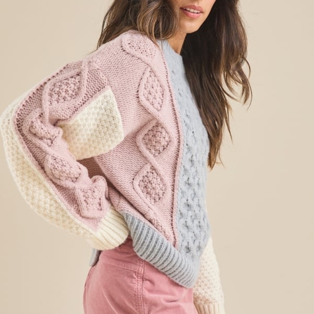 Women's Pink and Cream Cable Knit Sweater